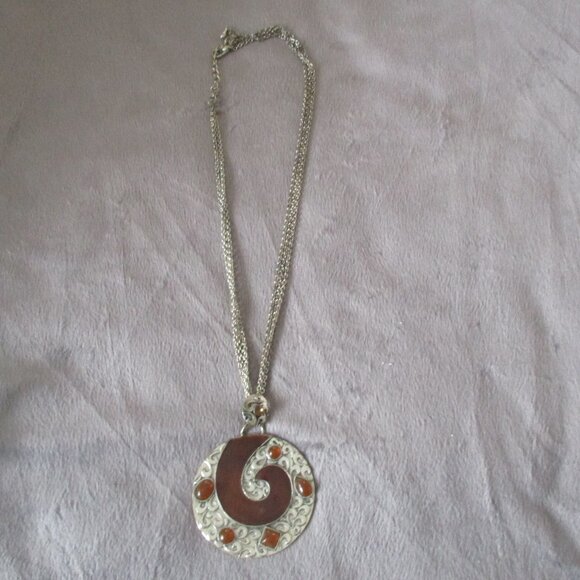 3-Strand Silver Toned Necklace w/ Brown Enamel & Stones - Picture 1 of 6